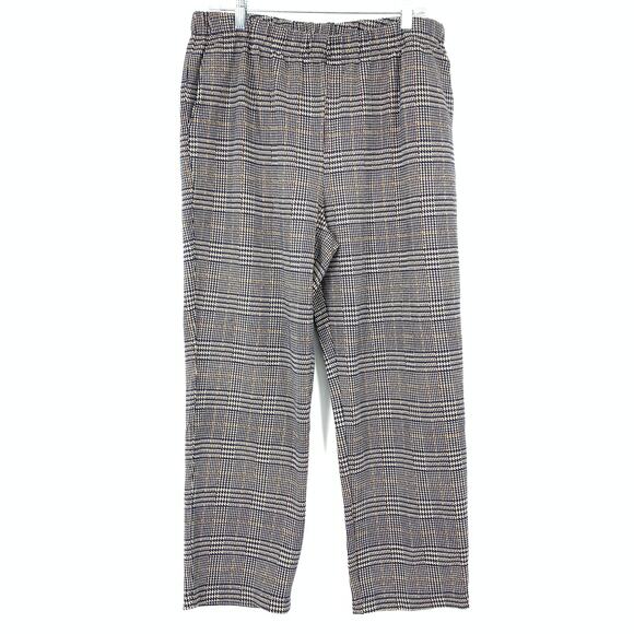 Lands End Pull On Plaid Casual Pants Womens Size LP Blue Tan Elastic Waist - Picture 1 of 6